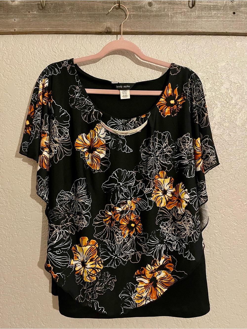 Brody Myles Black Floral Overlay Women's Top with Yellow/Orange Accent